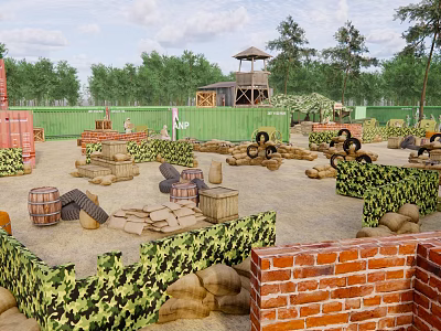 Outdoor Simulated Battlefield Setup With Camouflage Netting Sandbags Wooden Barrels Red Brick Walls And Watchtower 3d model