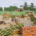 Outdoor Simulated Battlefield Setup With Camouflage Netting Sandbags Wooden Barrels Red Brick Walls And Watchtower