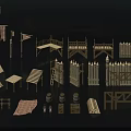 Medieval Wooden Scene Components With Fences Tables Benches Barrels Flags Ladders And Mats