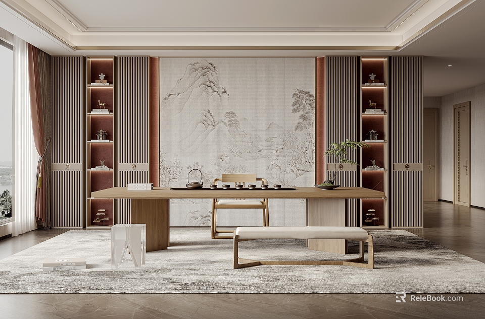 Traditional Chinese Tea Room Interior with Landscape Wall Painting Wooden Tea Table and Display Shelves 3d model 