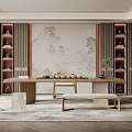 Traditional Chinese Tea Room Interior with Landscape Wall Painting Wooden Tea Table and Display Shelves