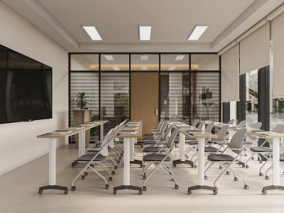 Modern Conference Room Interior With Long Tables Foldable Chairs Glass Partitions Plant And Ceiling Lights 3d model