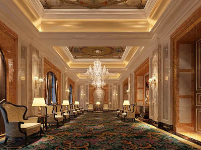 Elegant Hotel Public Lounge Area With Ornate Ceiling Crystal Chandelier Plush Seating And Decorative Carpet 3d model