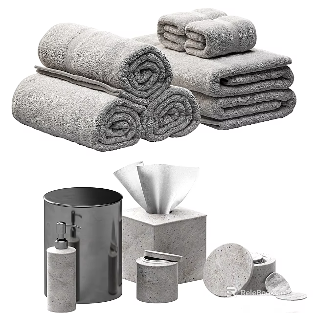 Soft Gray Rolled Towel Sets With Bathroom Tissue Box Trash Can And Soap Dispenser 3d model 