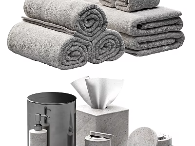 Soft Gray Rolled Towel Sets With Bathroom Tissue Box Trash Can And Soap Dispenser 3d model