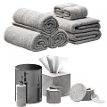 Soft Gray Rolled Towel Sets With Bathroom Tissue Box Trash Can And Soap Dispenser