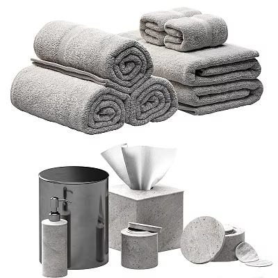 Soft Gray Rolled Towel Sets With Bathroom Tissue Box Trash Can And Soap Dispenser 3d model