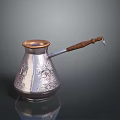 Electric Coffee Pot With Silver Copper Carved Pattern And Wooden Handle Design