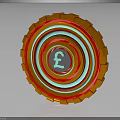 Colorful Layered Circular Metallic Structure With Central Pound Symbol And Shiny Rings