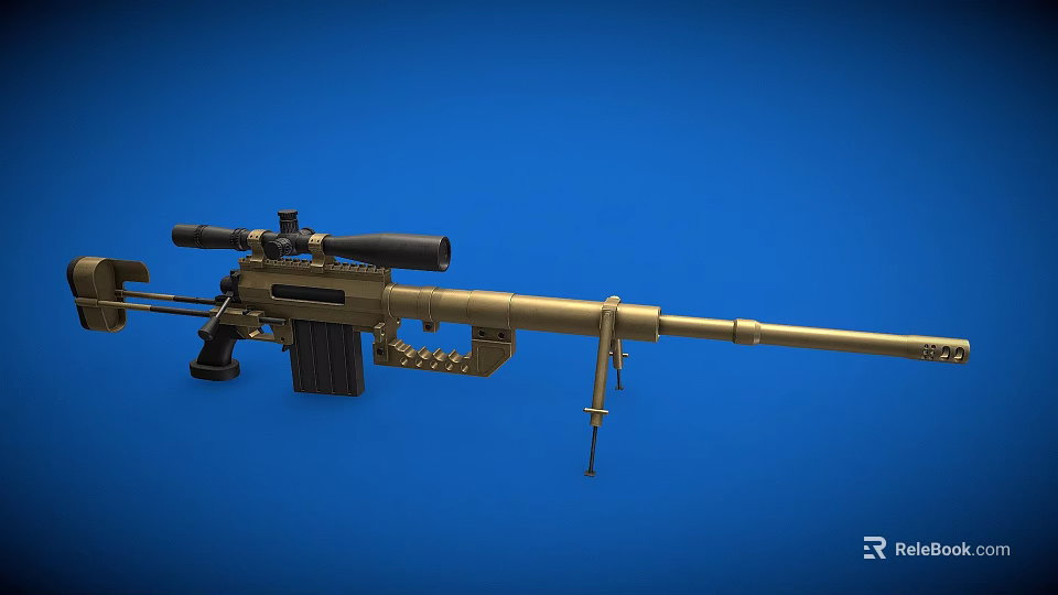 Detailed Golden Sniper Rifle with Scope Magazine Bipod on Blue Background 3d model 
