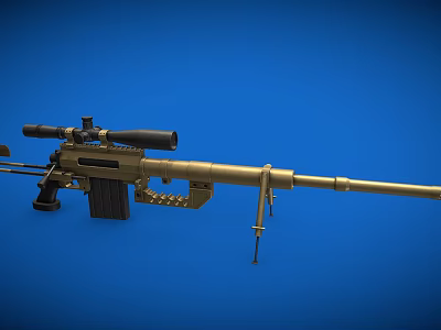 Detailed Golden Sniper Rifle with Scope Magazine Bipod on Blue Background 3d model