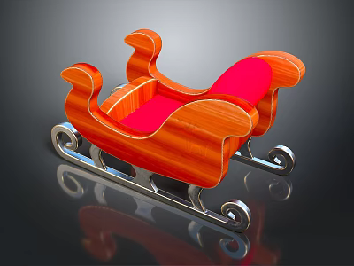 Elegant Orange Wooden Sleigh With Red Seat Cushion And Silver Metal Runners 3d model