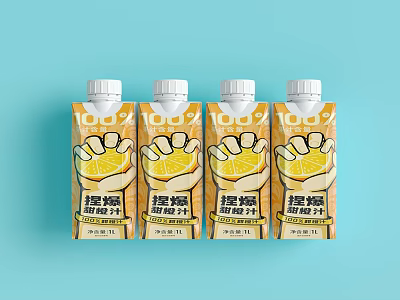 Four Bottles of Orange Juice Drink with Orange Packaging and Fist Graphic 3d model