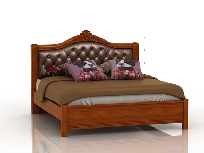 Elegant Wooden Double Bed With Carved Headboard Leather Upholstery Plaid Pillows And Brown Bedspread 3d model