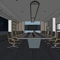 Modern Conference Room Interior With Large Screen Long Meeting Table Rolling Chairs And Hanging Lights