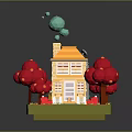 Colorful 3D House Model Scene With Yellow Building Red Trees And Green Bubbles