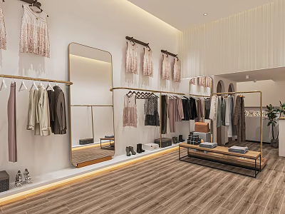 Modern Clothing Store Interior Design With Hanging Clothes Mirror Shoes And Display Table 3d model