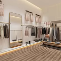 Modern Clothing Store Interior Design With Hanging Clothes Mirror Shoes And Display Table