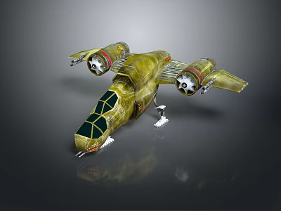 Futuristic Metallic Yellow Spacecraft Design With Twin Engines And Green Windows 3d model