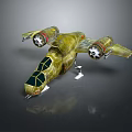 Futuristic Metallic Yellow Spacecraft Design With Twin Engines And Green Windows