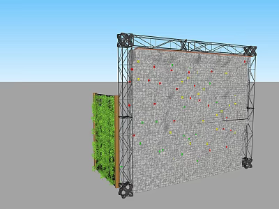 Outdoor Climbing Wall Structure With Metal Frame Stone Surface Colorful Holds and Green Plants 3d model