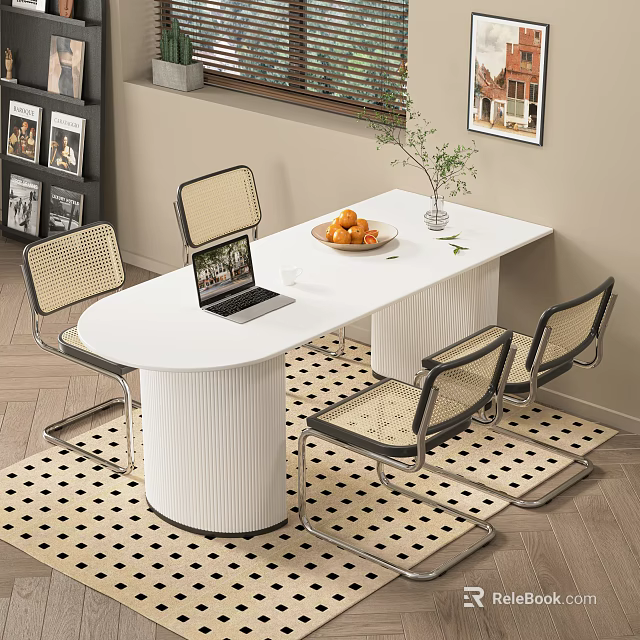 Dining Table Set with Woven Chairs Laptop Oranges and Vase Plant on Polka Dot Rug 3d model 