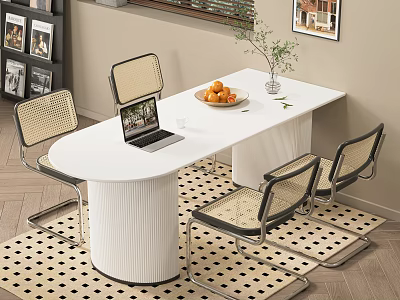 Dining Table Set with Woven Chairs Laptop Oranges and Vase Plant on Polka Dot Rug 3d model