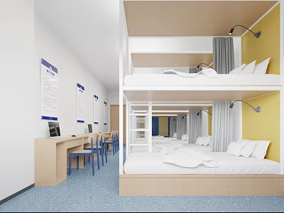 Spacious Bright Modern Shared Dormitory With Comfortable Bunk Beds And Practical Study Desks And Chairs 3d model