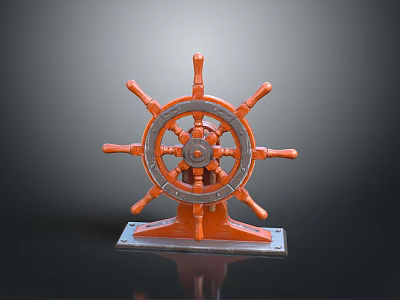 Orange Decorative Ship Steering Wheel As Household Decorative Item With Base 3d model