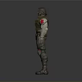 Detailed 3D Warrior Character Model In Green Combat Outfit With Mechanical Arm And Knee Pads