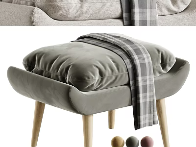 Stylish Gray Ottoman with Plaid Blanket and Wooden Legs in Modern Living Area 3d model