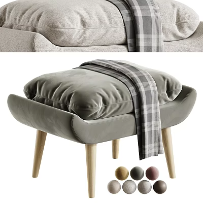 Stylish Gray Ottoman with Plaid Blanket and Wooden Legs in Modern Living Area 3d model