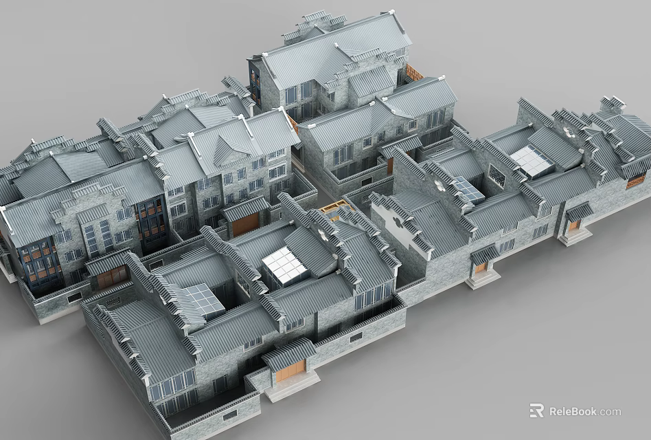 Ancient Building Complex With Traditional Gray Tile Roofs And Courtyard Layout 3d model