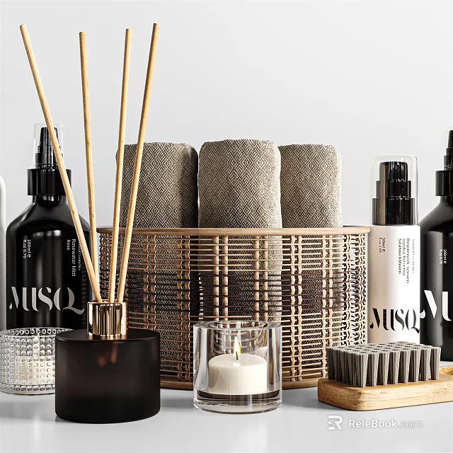 Elegant Modern Bathroom Accessories With Towels Reed Diffusers And Candles 3d model 