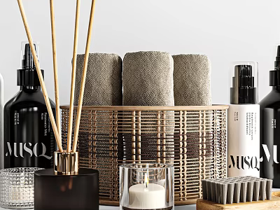 Elegant Modern Bathroom Accessories With Towels Reed Diffusers And Candles 3d model