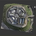 Ancient Architecture Model With Circular Layout Traditional Roofs Green Lawns And Stone Walls