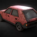 Red Rusty Vintage Compact Car With Rusted Body And Old Exterior