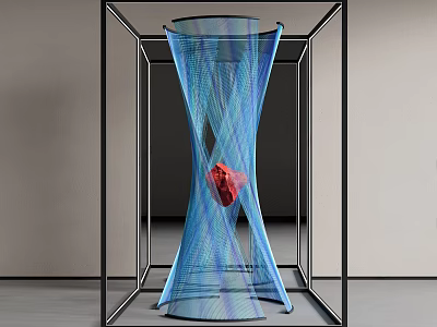 Art Installation Featuring Blue Mesh Structure With Red Stone In Black Frame 3d model
