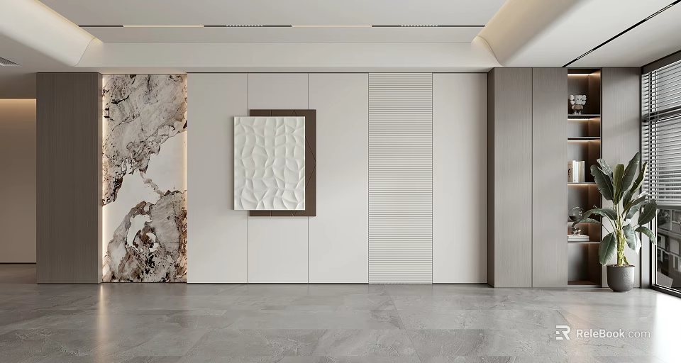 Modern Sofa Backdrop Wall Interior With Marble Texture And Geometric Decor Panels 3d model 
