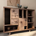Wooden Entryway Cabinet Sideboard with Compartments Drawers Decorative Painting Ceramic Jars Bowls Vases Dried Branches