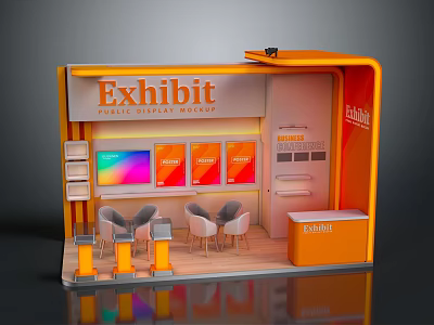 Modern Orange Exhibit Display Booth With Screens Chairs And Reception Desk 3d model