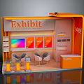 Modern Orange Exhibit Display Booth With Screens Chairs And Reception Desk