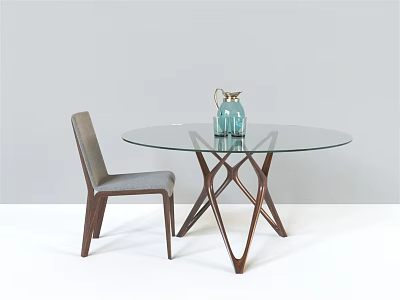 Round Glass Top Dining Table Set With Crossed Wooden Legs And Gray Upholstered Chair 3d model