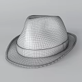 Light gray textured fedora hat with red and beige band and flat brim
