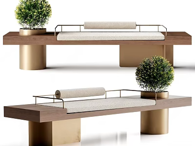Modern Banquette Sofa Design With Wooden Frame And Gold Metal Legs With Green Plant Decor 3d model