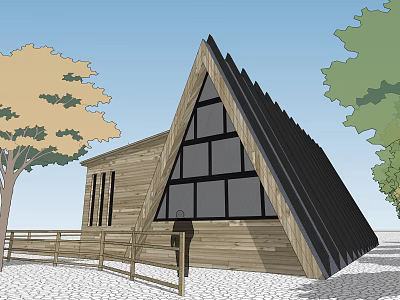 Rest Stop Featuring Triangular Roof Wooden Structure And Large Windows With Trees And Fence 3d model