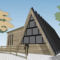 Rest Stop Featuring Triangular Roof Wooden Structure And Large Windows With Trees And Fence