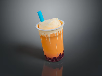 Layered Orange Bubble Tea With Tapioca Pearls Cream Top And Blue Straw 3d model