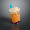 Layered Orange Bubble Tea With Tapioca Pearls Cream Top And Blue Straw