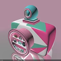 Fashionable Circular Display Shelf With Pink Green White Design And Cameras Books Cosmetics